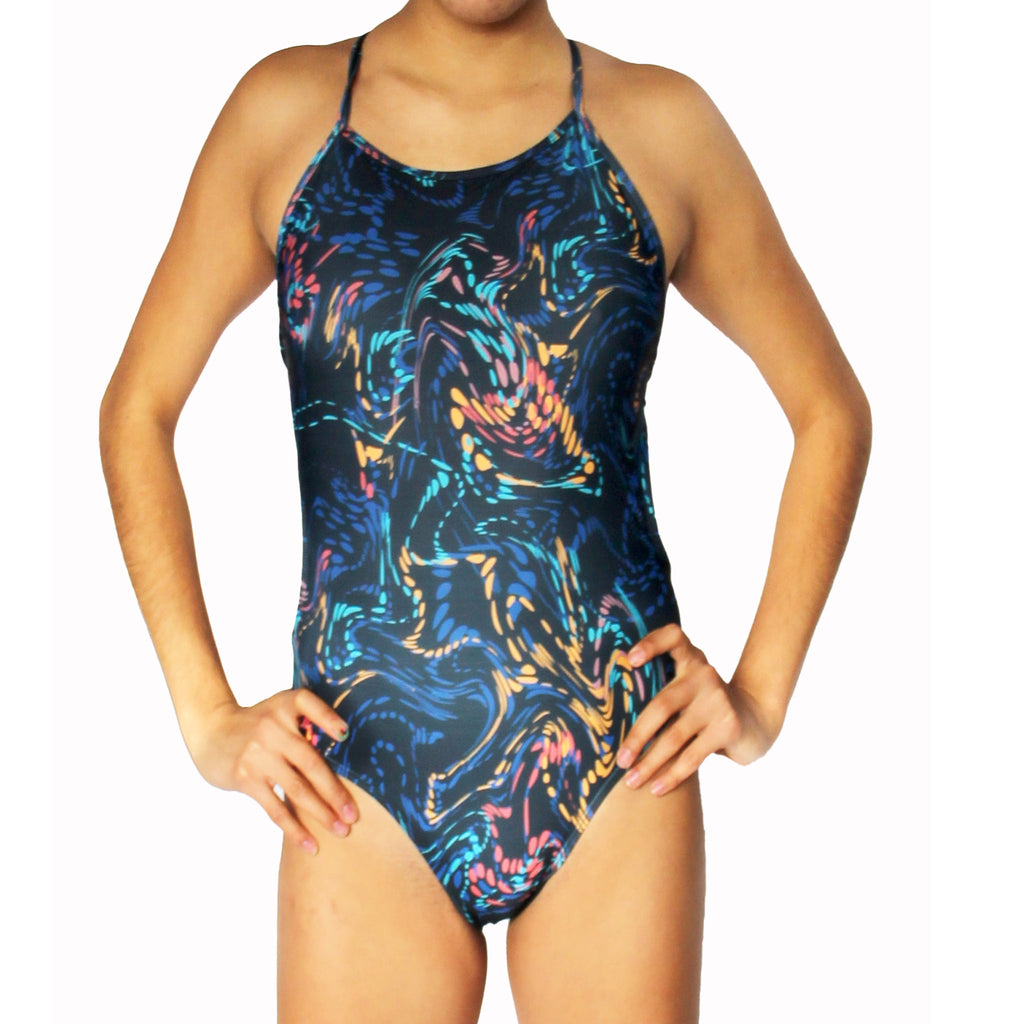 Traje de baño AURA de una pieza estampado Abstracto, tela de licra para playa, vista frontal
